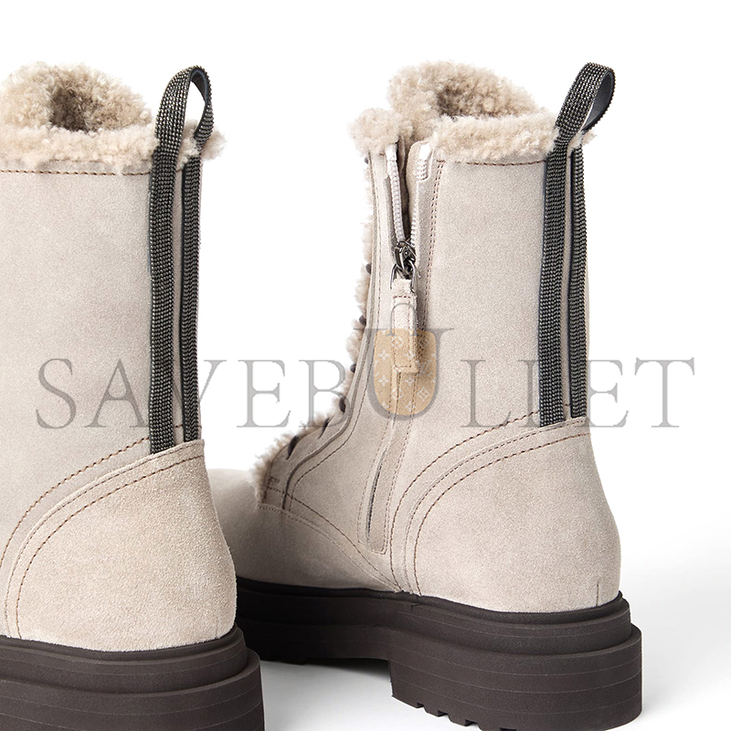 BRUNELLO CUCINELLI SHINY SUEDE ANKLE BOOTS WITH EMBELLISHED HEEL TABS AND SHEARLING SHEEPSKIN LINING 252MZSFG3123